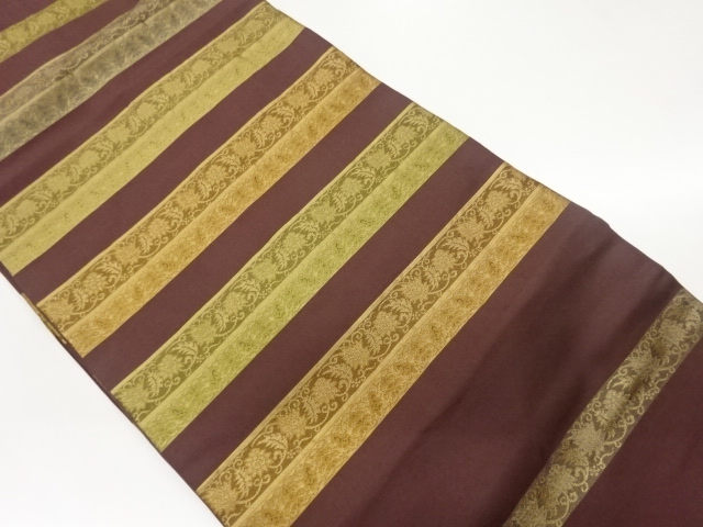 JAPANESE KIMONO / NAGOYA OBI / SILK / WOVEN STRIPE & FLORAL ARABESQUE